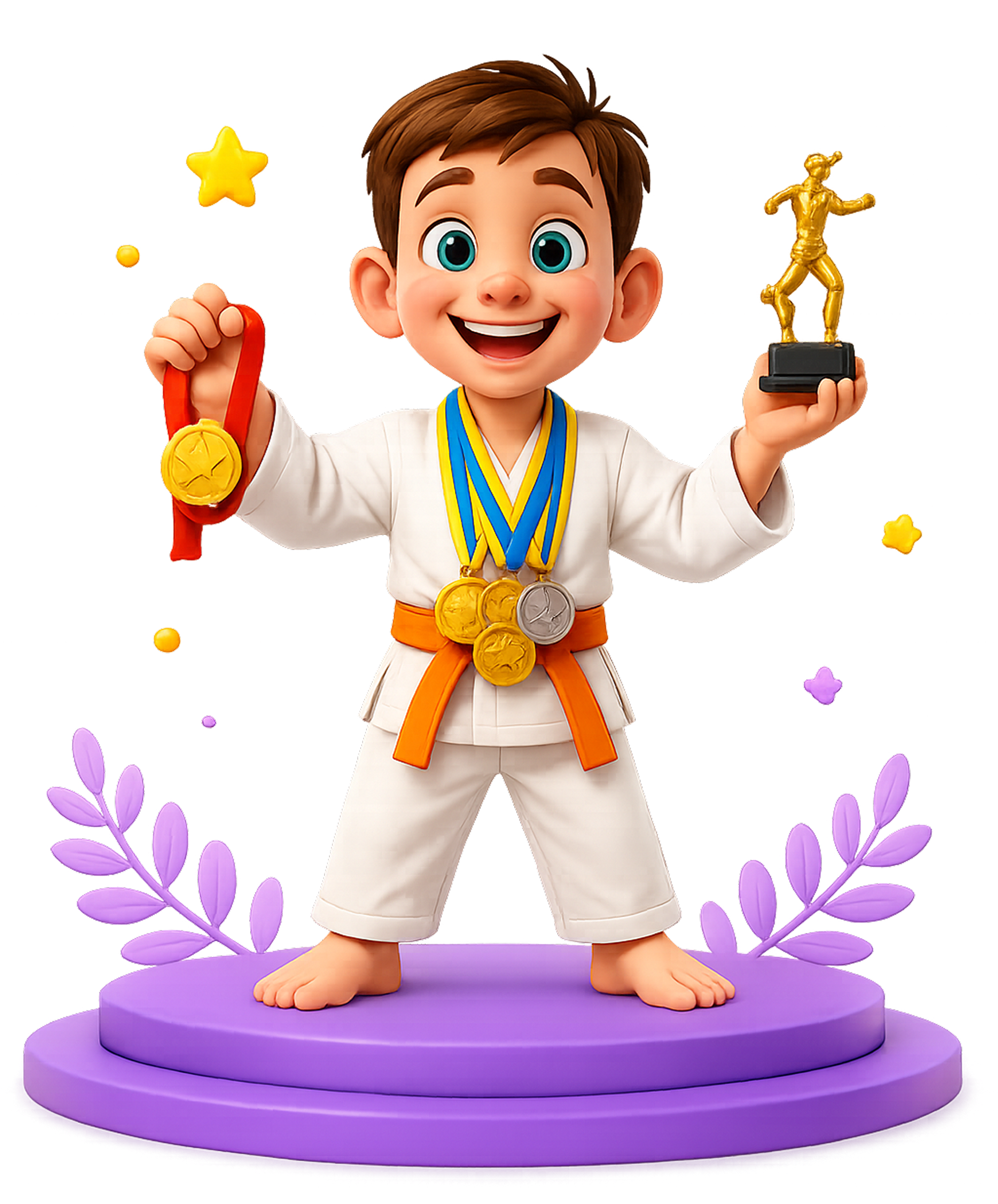 A boy proudly holding medals and a trophy after completing a certified Kidnasium program