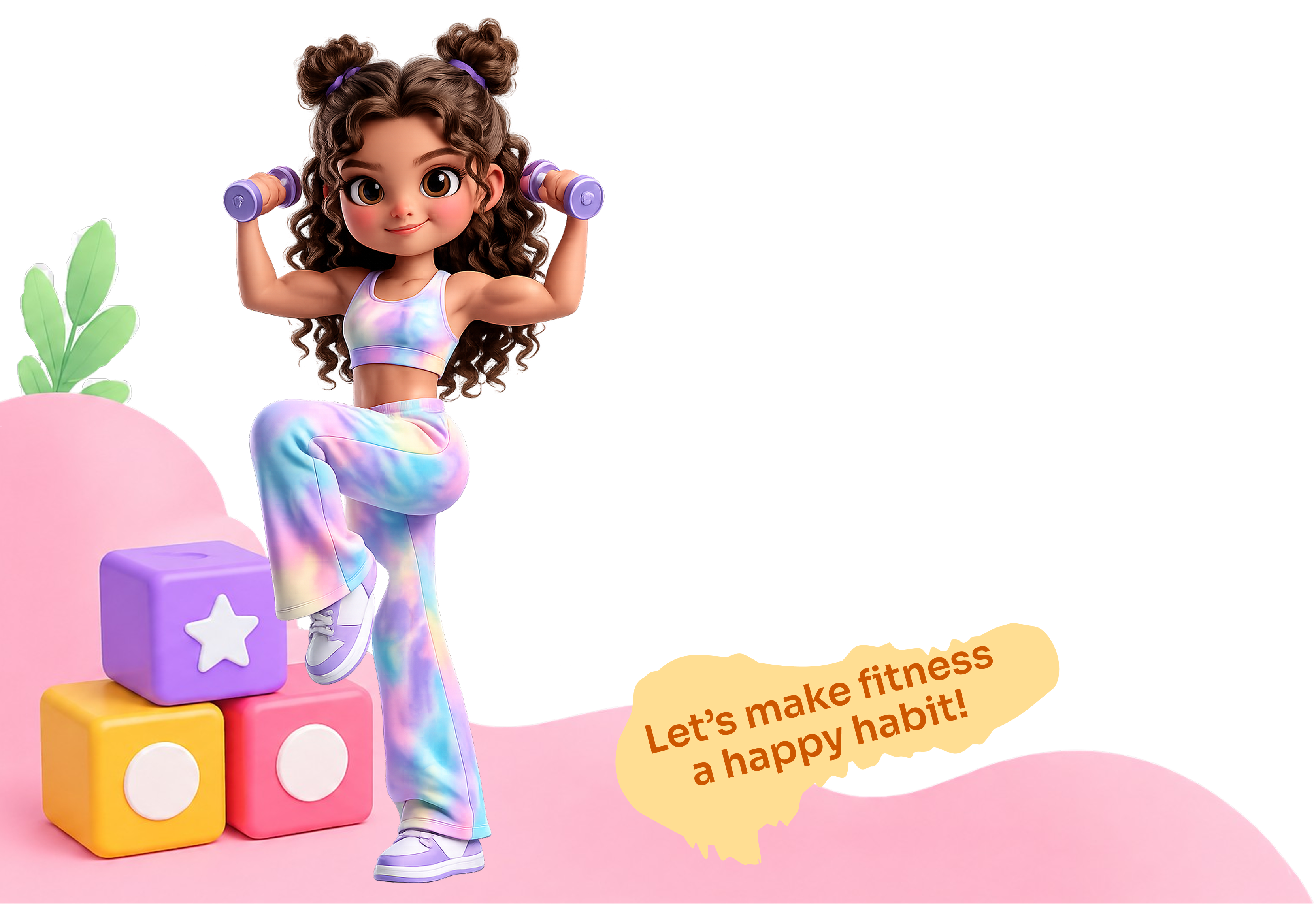 A young Kidnasium athlete lifting dumbbells beside colorful building blocks, with the message 'Let's make fitness a happy habit!'