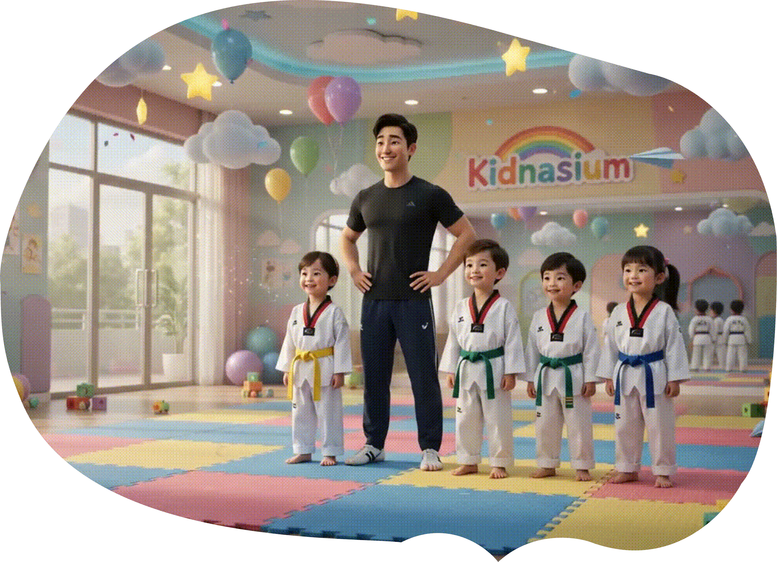A Kidnasium coach standing proudly with four young taekwondo students in colored belts