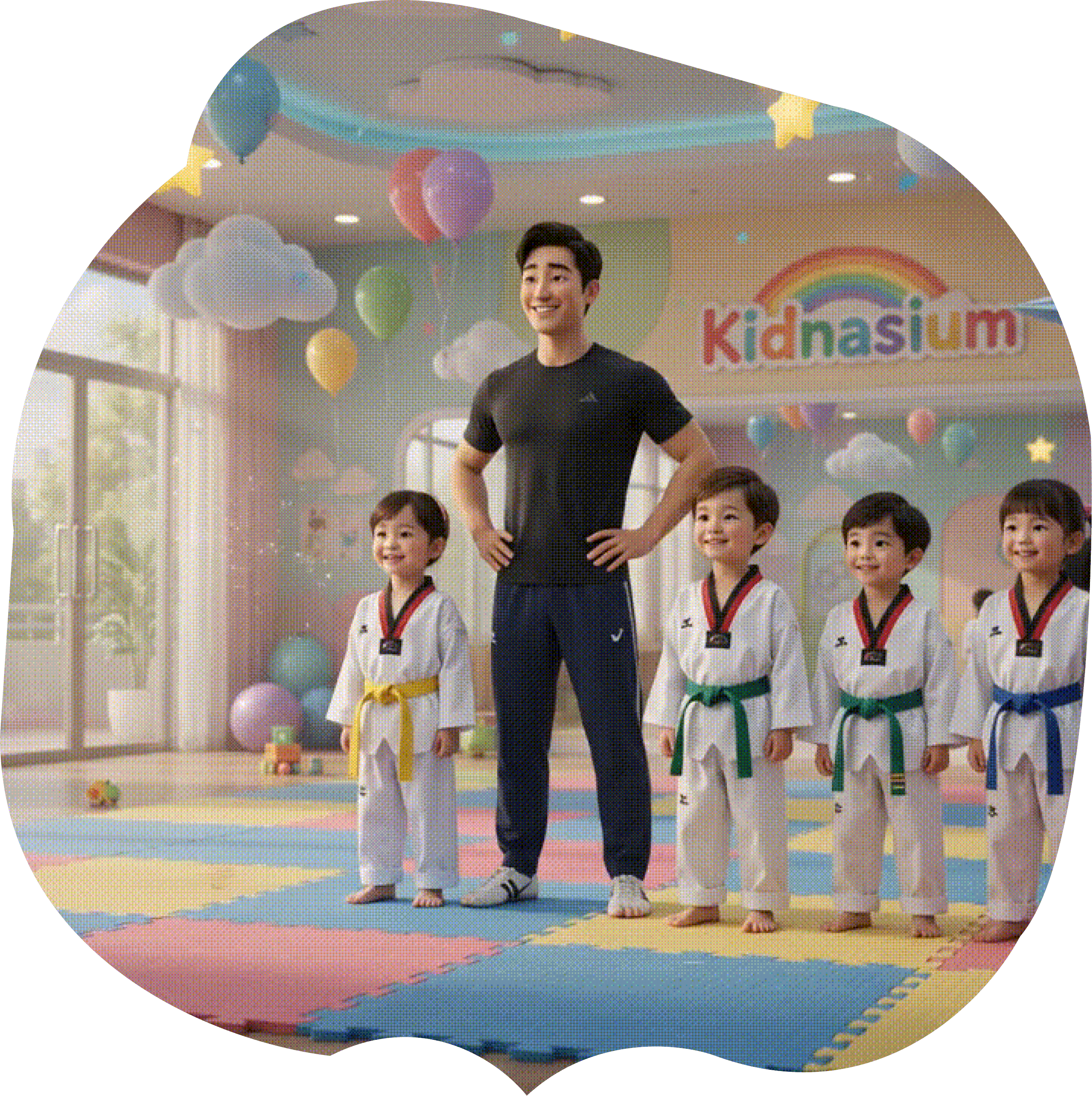 A Kidnasium coach standing proudly with four young taekwondo students in colored belts